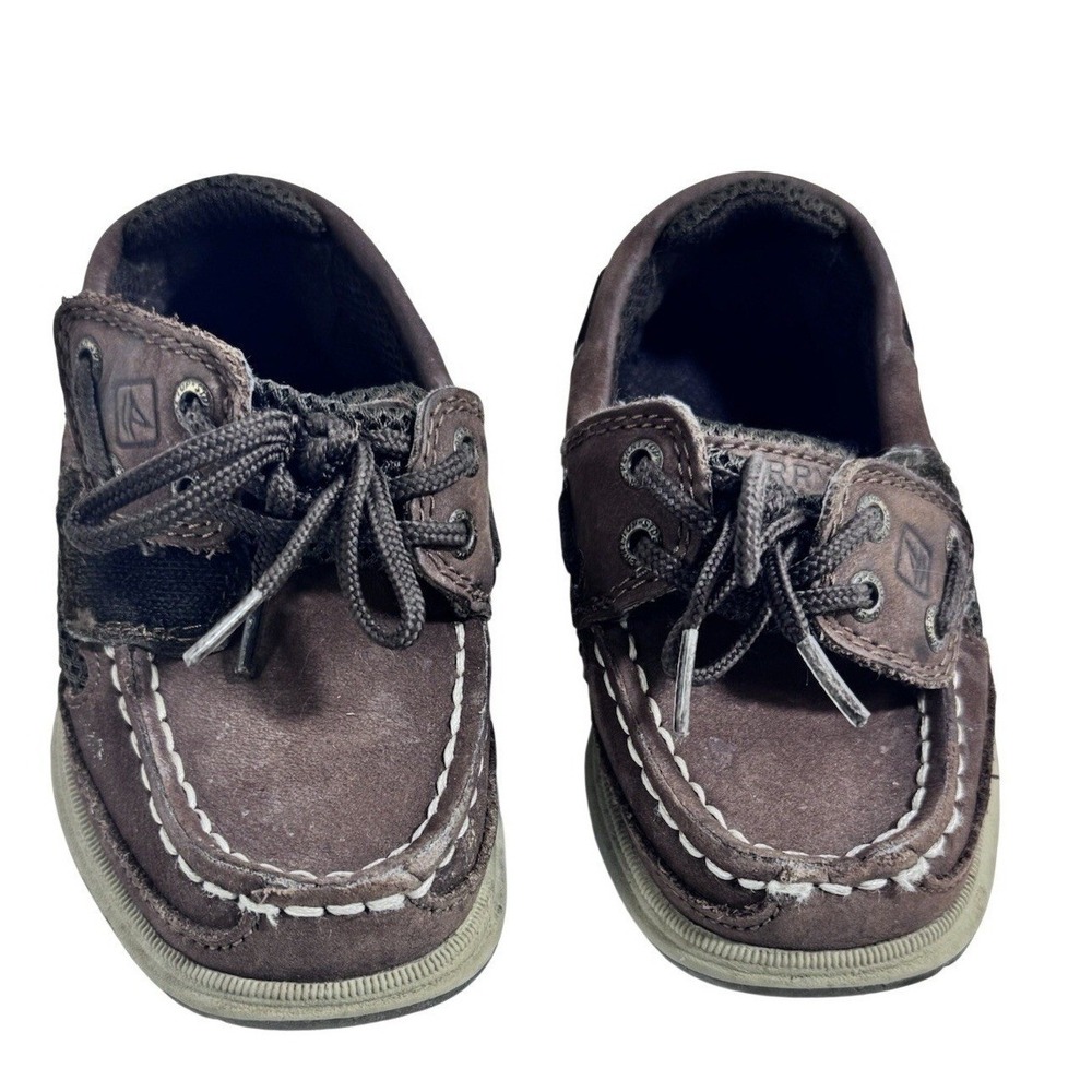 sperry boat shoes boys size 7m lanyard a/c brown leather mesh loafers